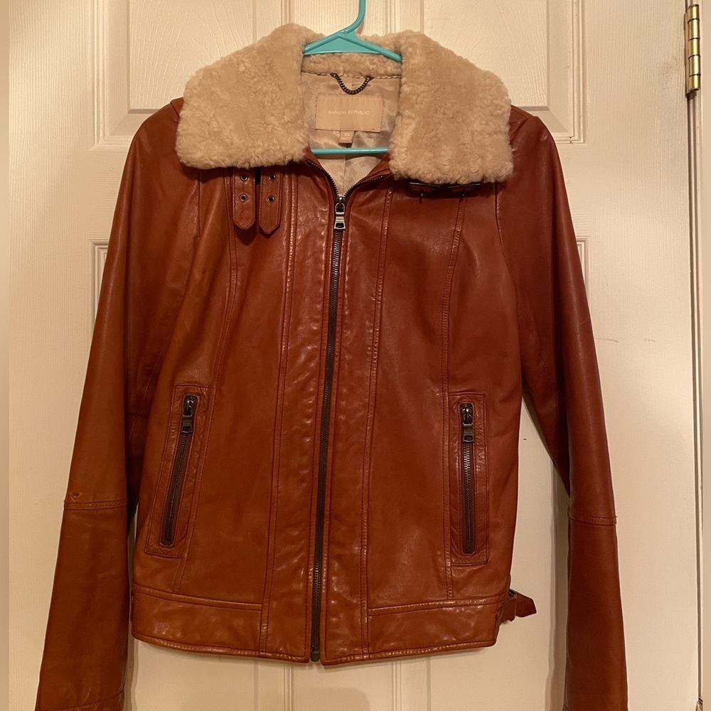 Cognac Leather Jacket with Shearling Collar🤎